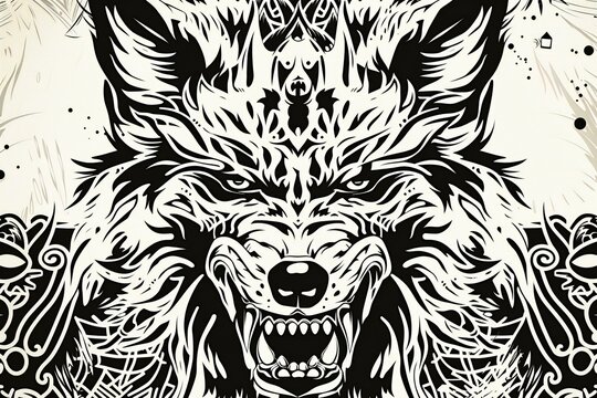 Hand drawn illustration of wolf head with tribal pattern on white background