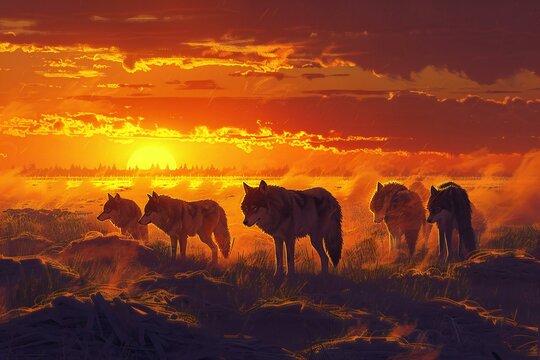 Wild wolves in the field at sunset,   render illustration