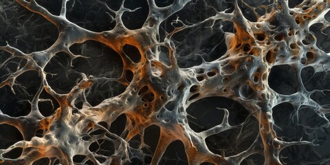 This image features a complex web resembling neural connections or organic tissue, with orange and grey hues dominating the composition