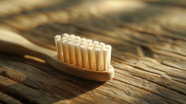 Close-up of a bamboo toothbrush on a natural wood surface, highlighting the biodegradable materials and minimalist design