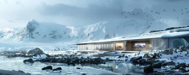 Foto op Plexiglas A futuristic conception of an Antarctic research facility against a backdrop of ice and mountains © amazingfotommm