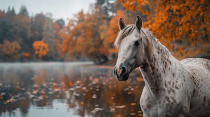 Spotted horse standing near a lake with autumn trees in the background. Generative AI - obrazy, fototapety, plakaty