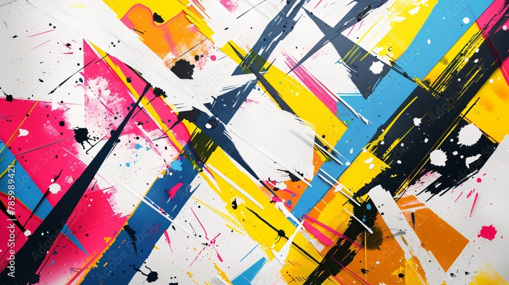 Poster abstract painting design of geometrical vibrant colorful ink being splashed randomly to the white ca