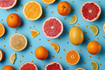 flat lay of vibrant citrus fruits, including oranges and grapefruits, on a pastel blue background...