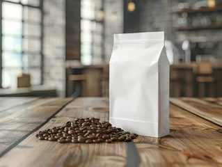 Zelfklevend Fotobehang A blank white coffee bag standing on a wooden table beside a pile of coffee beans, in a cafe setting, showcasing a packaging mockup. Generative AI © ImageFlow