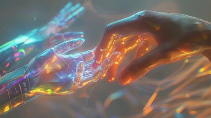 Two hands are touching each other in a glowing, metallic, futuristic setting