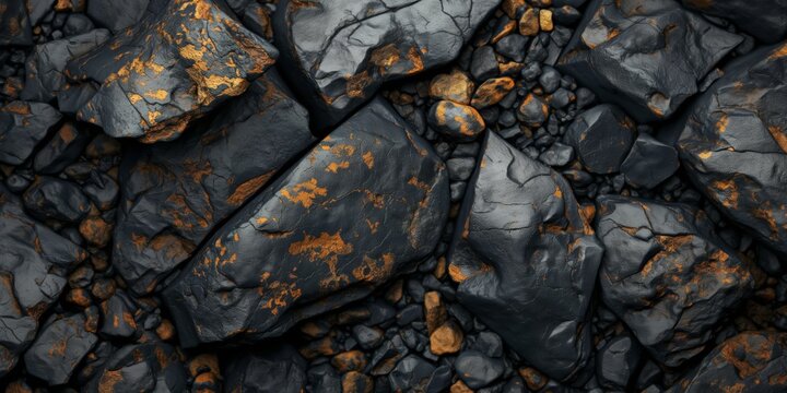 A tightly framed image highlighting the rich textures and golden highlights on dark, jagged rocks