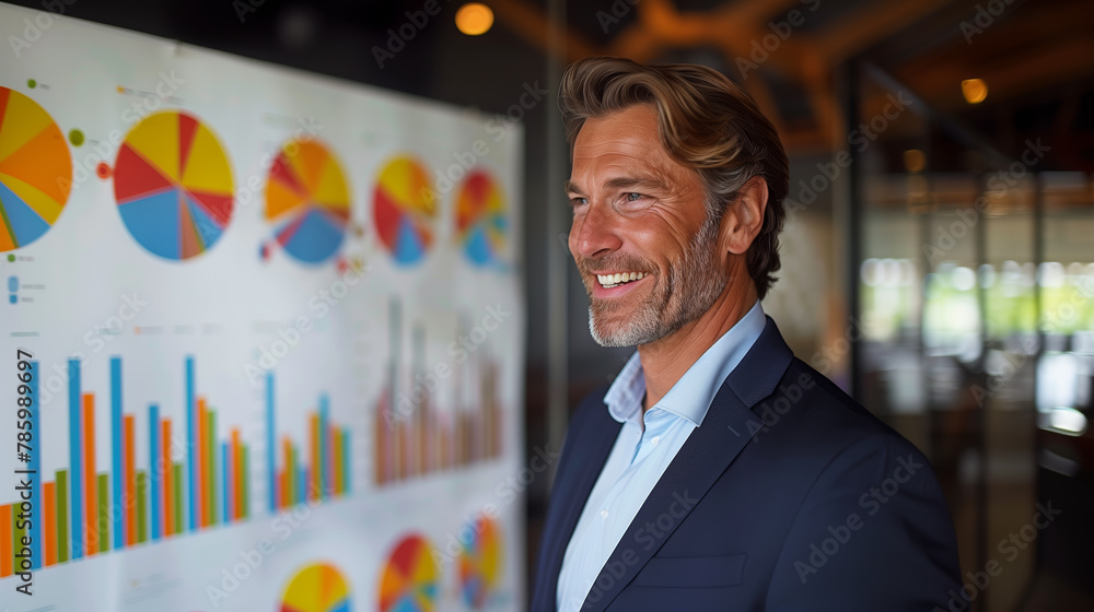 Poster A smiling man in a business suit in front of a board with colorful pie charts and bar graphs, representing business analytics. Generative AI
