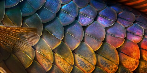 Vibrant close-up showcasing the iridescent colors and patterns of fish scales with artistic flair - obrazy, fototapety, plakaty