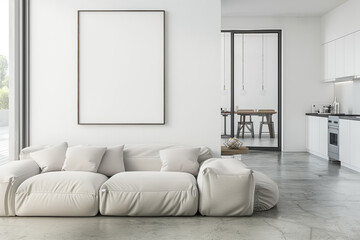 A modern living room with a white couch and blank poster on the wall, marble flooring, and a kitchen area in the background. Generative AI
