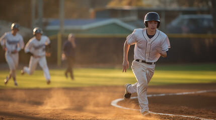 Fototapeta premium A young man running on a dusty baseball diamond with players in the background, warm sunset lighting, encapsulating the essence of a baseball game. Generative AI