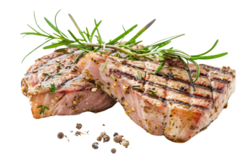Two grilled tuna steak with rosemary and spices
.isolated on white background
