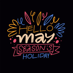 Hello May seasons holiday text phrase, vibrant vector art against a violet background.