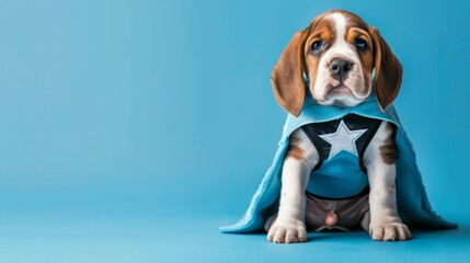 Funny puppy in superhero costume posing on pastel background with copy space for text placement