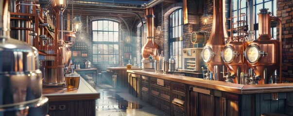 The interior of a modern craft distillery with shining copper stills, pipes, and distillation equipment reflecting sunlight. - Powered by Adobe