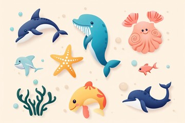 Set of cute cartoon sea animals, illustration in flat style, depicting marine life such as dolphins, whales, starfish, octopuses and seaweed on a beige background.