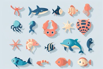 Obraz na płótnie Canvas Set of cute flat vector sea animals and fish icons isolated on pastel background