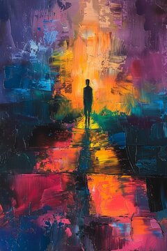 A painting of a person walking down a street with a rainbow in the background