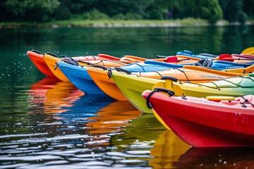A row of colourful kayaks on the river close up