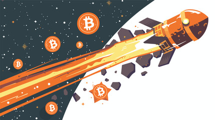 Vector Cartoon illustration of comet with bitcoin symb - obrazy, fototapety, plakaty