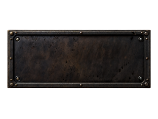 Blank rusted metal plate on a transparent background. PNG image of a blank metal signboard covered in rust.