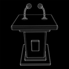 Speaker Podium Rostrum. Tribune Stand with Microphones. Debate, press conference concept. Wireframe low poly mesh vector illustration
