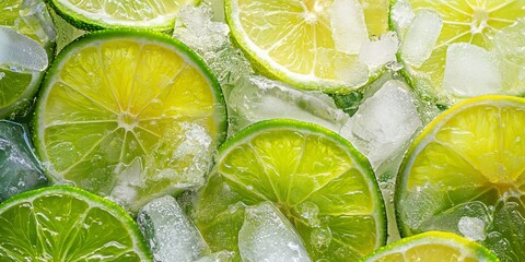 A vibrant close-up of fresh limes cut in half, surrounded by crushed ice, highlighting the concept of freshness and natural
