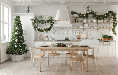 Christmas tree and garland in modern kitchen with dining table, white chairs, light wood cabinets, neutral color scheme, white walls, beige floor