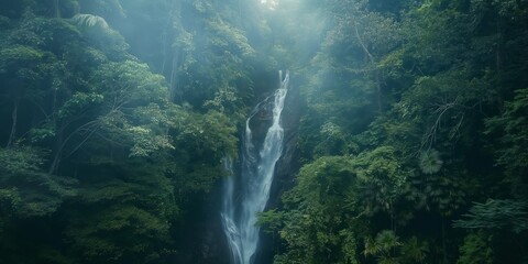 An enigmatic capture of a lofty waterfall plunging through a fog-enshrouded verdant forest, evoking mystery - obrazy, fototapety, plakaty