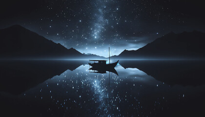 「Boat Silhouette on a Starry Lake - obrazy, fototapety, plakaty