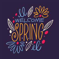 Welcome Spring lettering phrase with colorful decorative elements on a purple background.