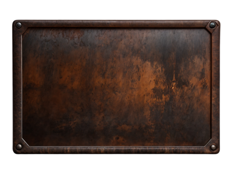 Blank rusted metal plate on a transparent background. PNG image of a blank metal signboard covered in rust.