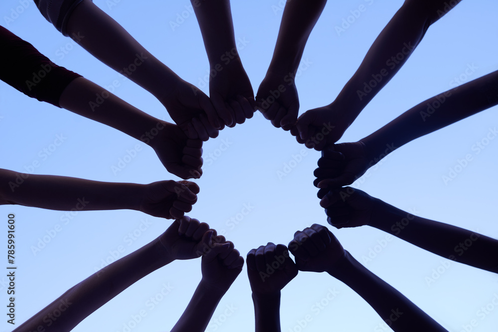 Poster hands, teamwork and collaboration for community and support with silhouette on sky backdrop. group o