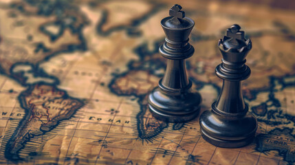 Geopolitics concept image with two chess pieces on a world map representing geopolitical discussion and movement between countries and continents