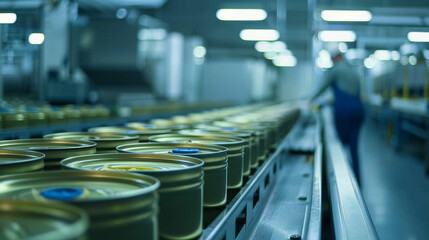 Obraz premium Line of canned food on clean light tinned products factory