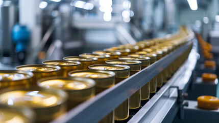 Line of canned food on clean light tinned products factory