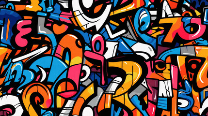 Seamless pattern background of Urban Graffiti Art with colorful tags, and street murals inspired by urban street culture and contemporary art movements, capturing energy and creativity of street art