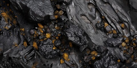 A detailed macro shot exposing the textures and contrasts between coal and gold mineral deposits