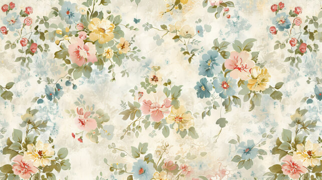Retro floral background illustration showcasing vintage floral wallpaper design in soft pastel hues and delicate floral motifs, capturing nostalgic charm, romantic elegance of vintage interior decor
