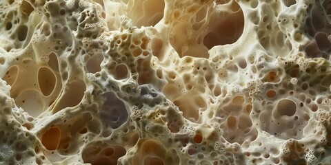 An abstract image depicting a bubbly, porous structure similar to that of a sponge with soft color tones
