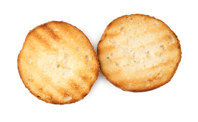 Halves of grilled burger bun isolated on white, top view