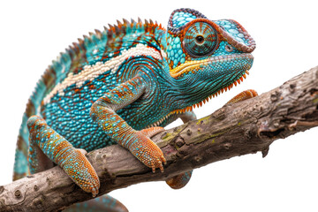 Obraz premium Vibrant chameleon on branch isolated on transparent background
