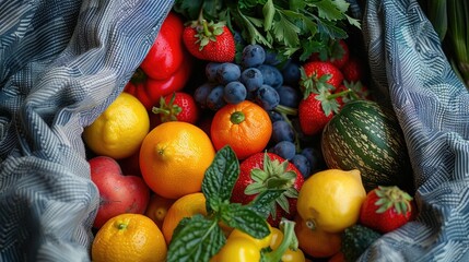 Close-up of a fabric shopping bag filled with fresh farmers' market produce, highlighting the vibrant colors and textures of the fruits and vegetables