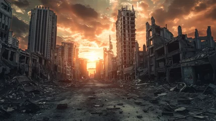 Fotobehang Apocalyptic cityscape with remnants of humanity's downfall © Sasint