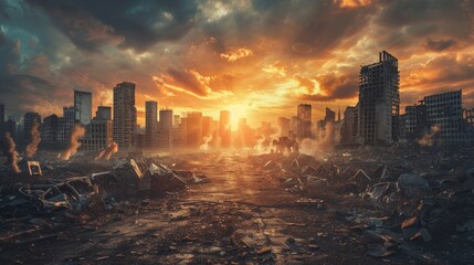 Apocalyptic cityscape with remnants of humanity's downfall - obrazy, fototapety, plakaty