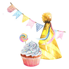 Cupcake muffin party watercolor drawing cone hat. Greeting card party invitation garland. Candy pops roll stick cake. Suckers treat pastry dessert illustration. Birthday decoration aquarelle picture
