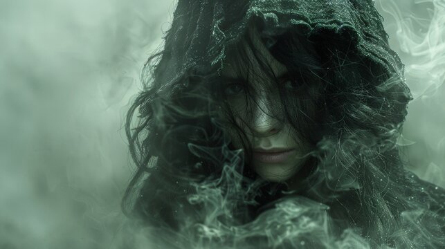 A mysterious witch face shrouded in dark hooded cloak emerges from a misty backdrop, creating an eerie and enigmatic atmosphere.