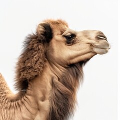 Side view of a camel's head against a clear background, showcasing its calm demeanor and detailed features. - obrazy, fototapety, plakaty