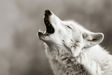 Portrait of a white wolf yawning on a cold winter day