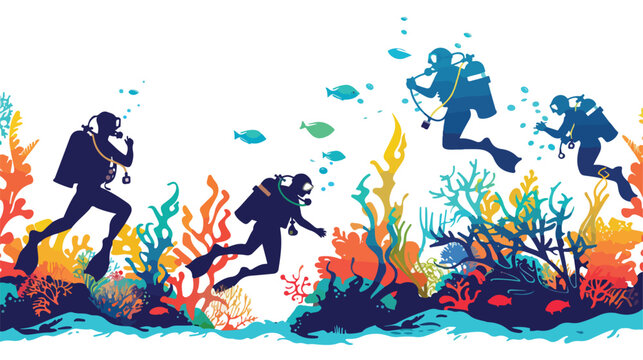 Vector illustration of scuba divers greeting while swi